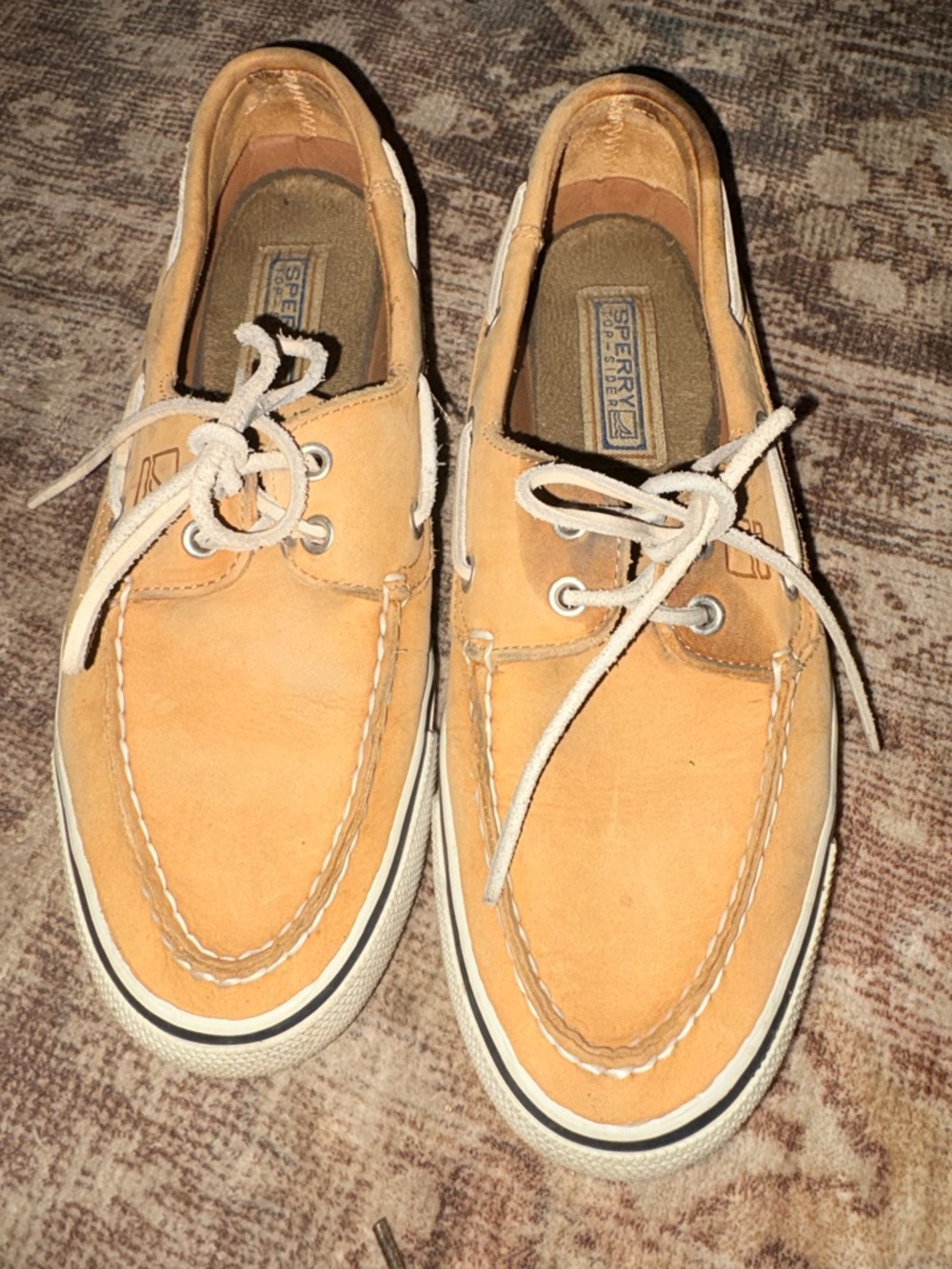 Sperry Men’s Light Tan Leather Boat Shoes with White Laces